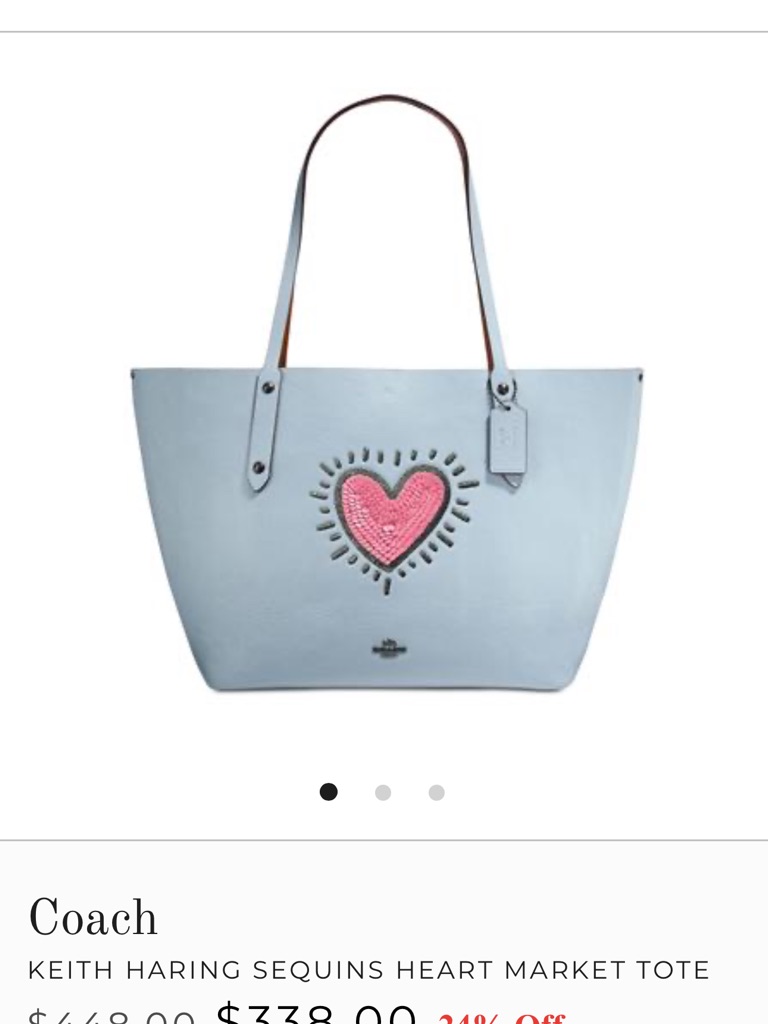 Coach Sequined Heart Leather Tote In Light Blue And Pink